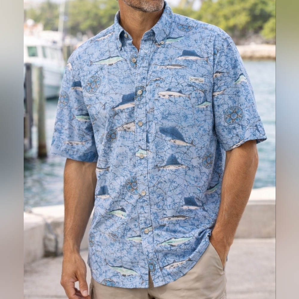 Columbia PFG Mens L Short Sleeve Button Down Fishing Shirt Blue Nautical Chart